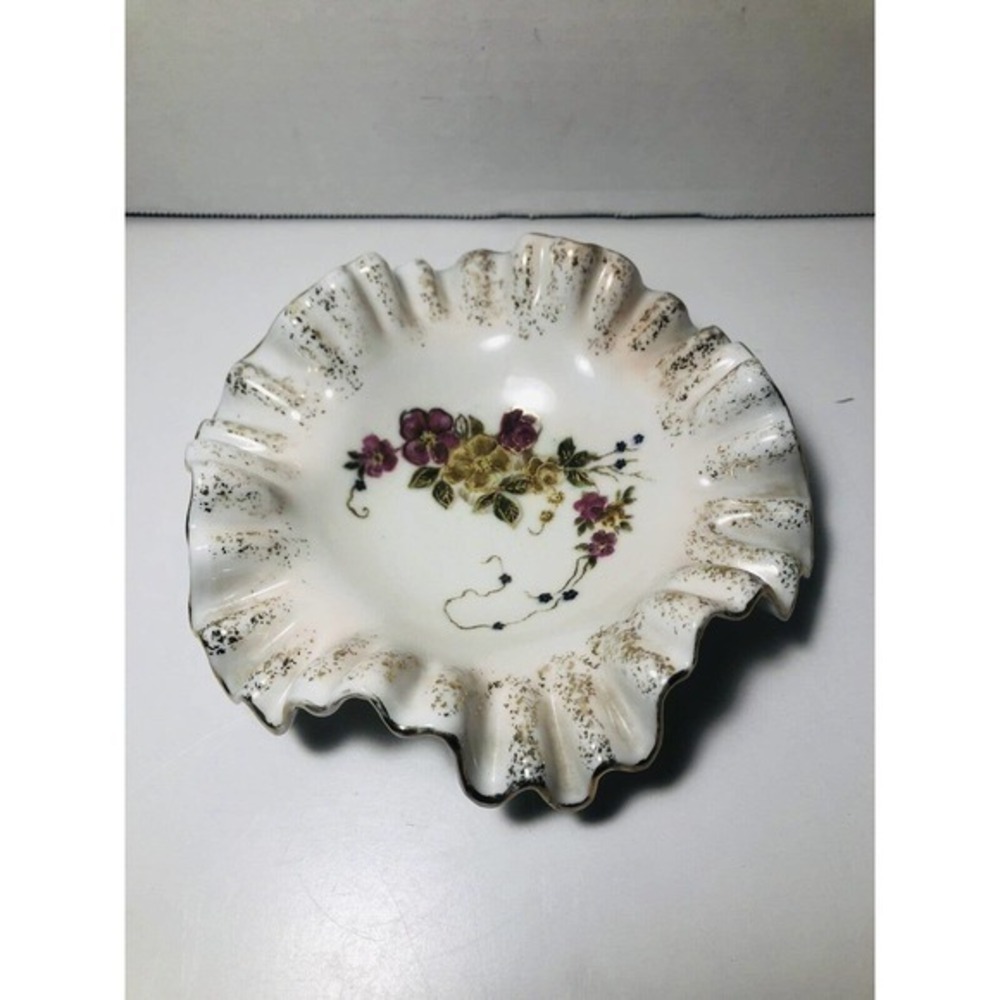 Vintage Candy Dish By Bond Ware L&M - Gold Trimmed Floral Ruffled Dish - Picture 2 of 10